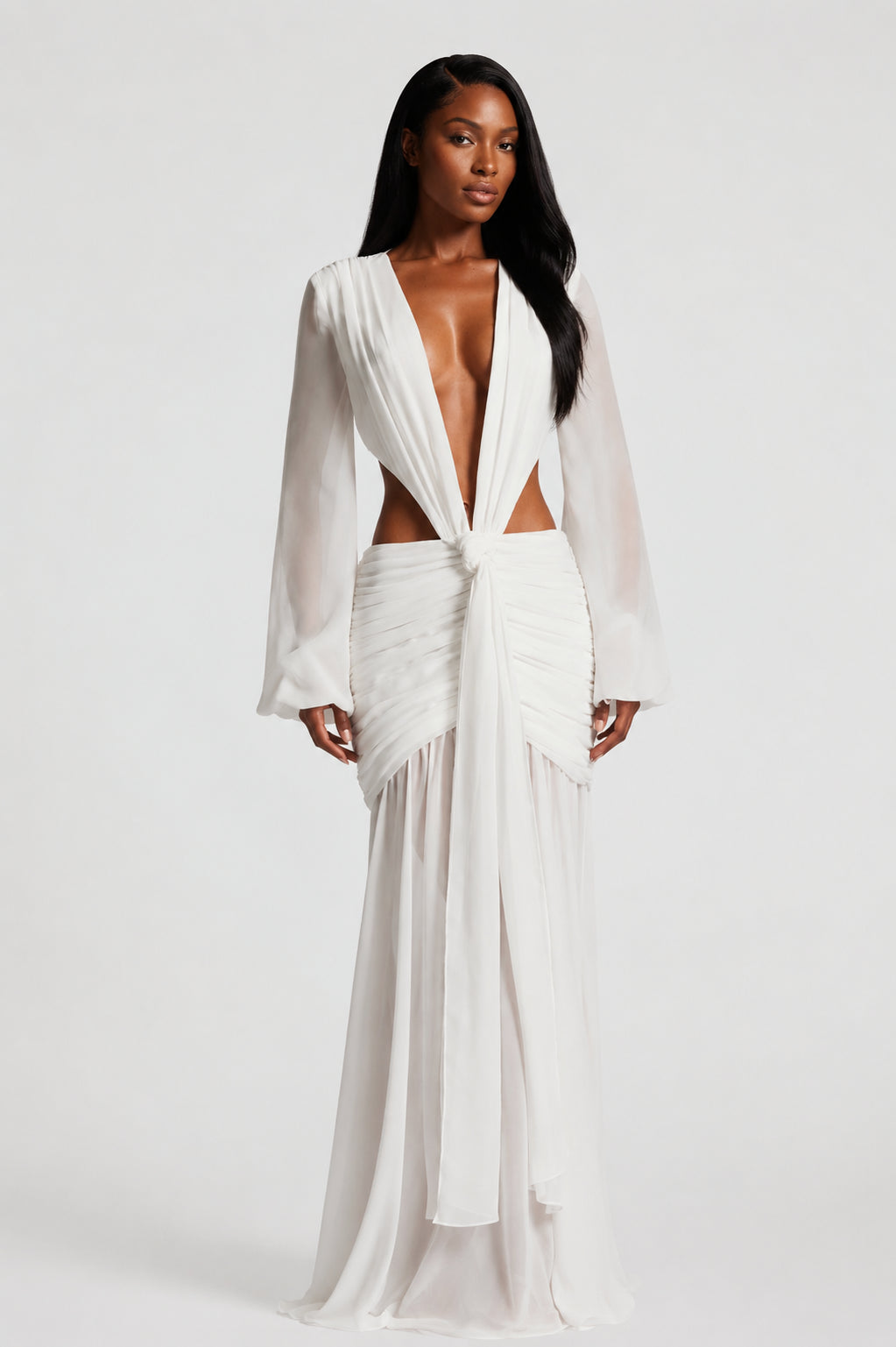 Daydream Plunge-Neckline Ruched Maxi Dress Ivory