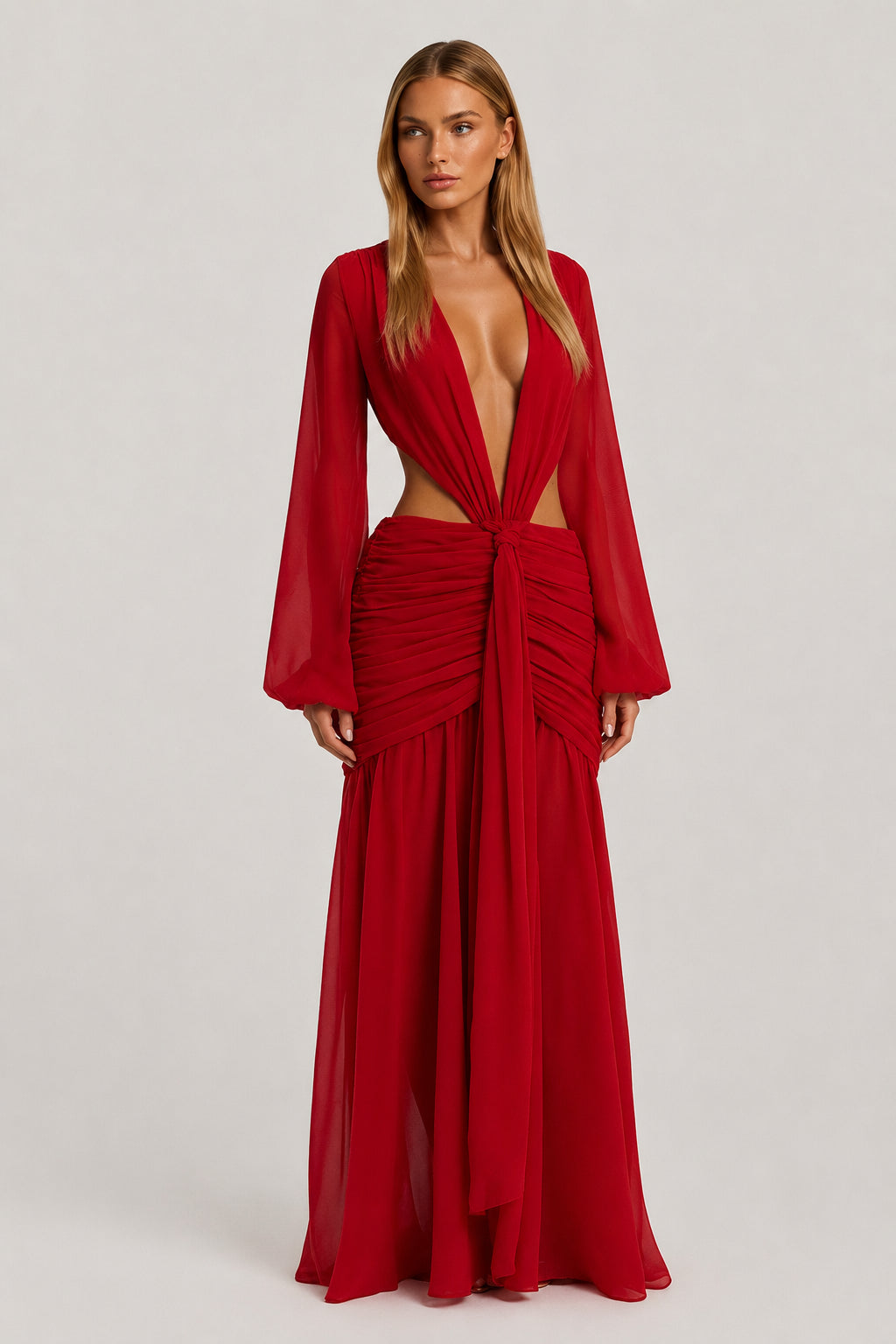 Daydream Plunge-Neckline Ruched Maxi Dress Red