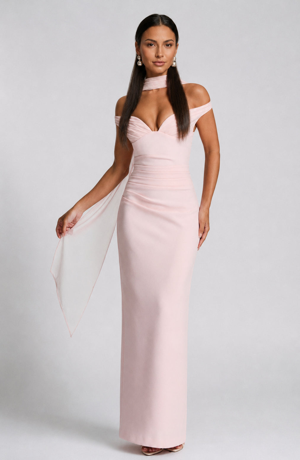 Seabreeze Plunge-Neckline Crepe Maxi Dress Blush