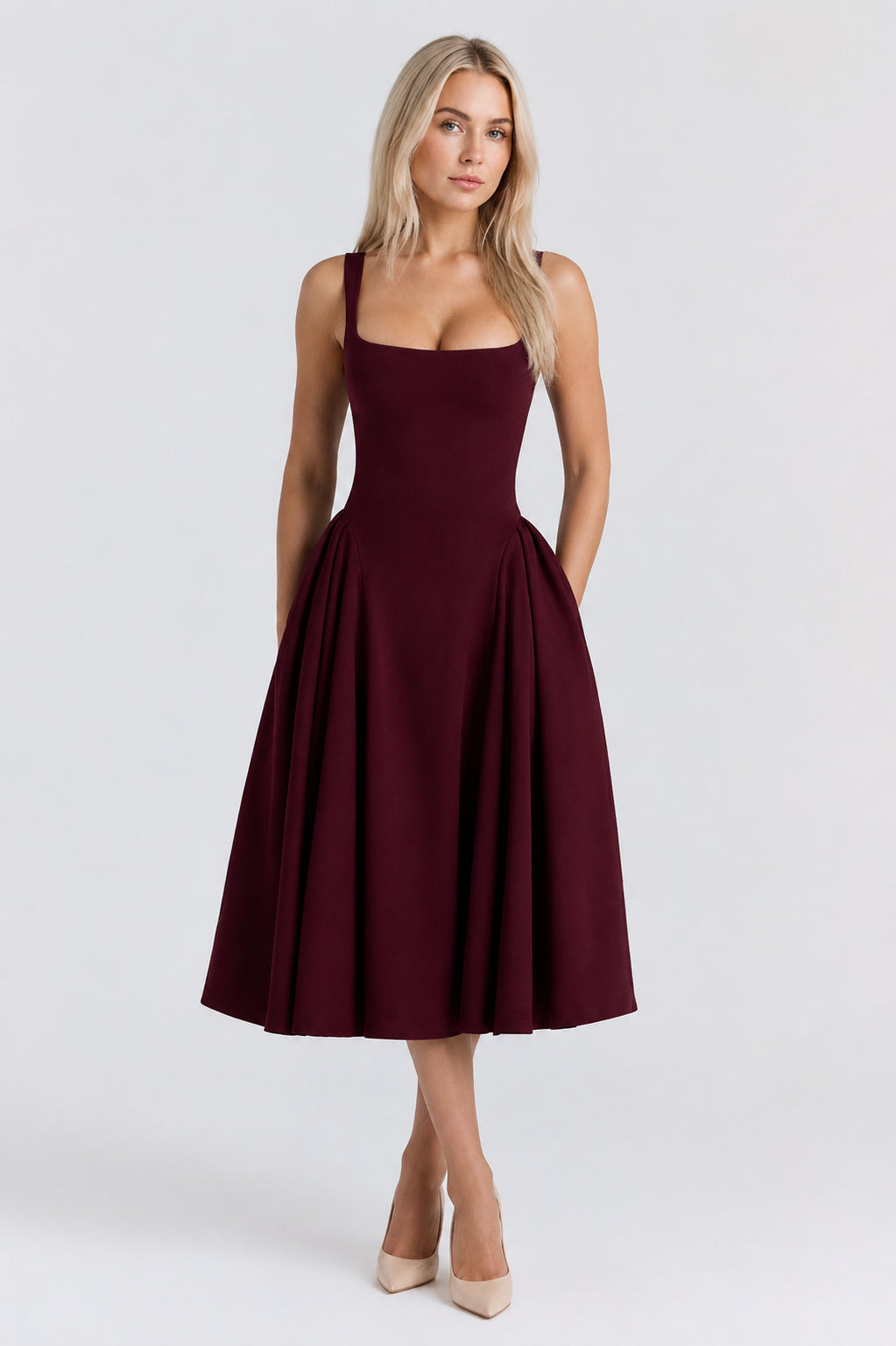 Halle Crepe Square-Neck Midi Dress Cherry Lacquer