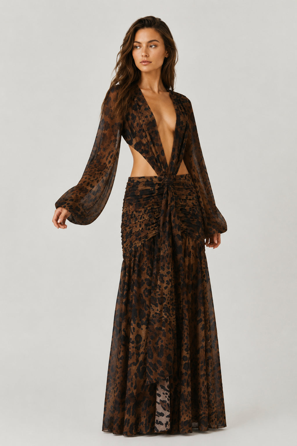 Daydream Plunge-Neckline Ruched Maxi Dress Leopard Print