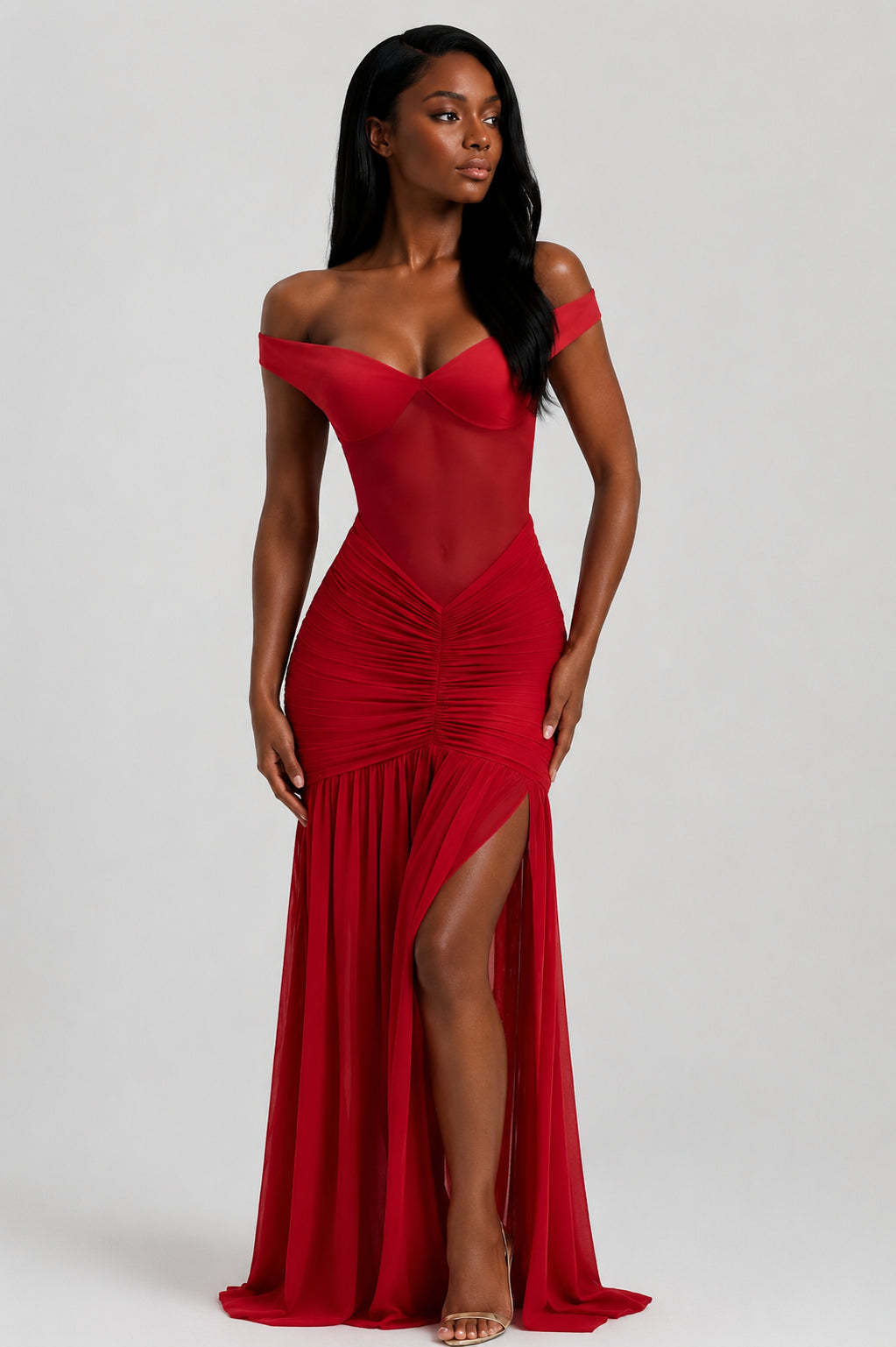 Mallorca Mesh Ruched Maxi Dress Red