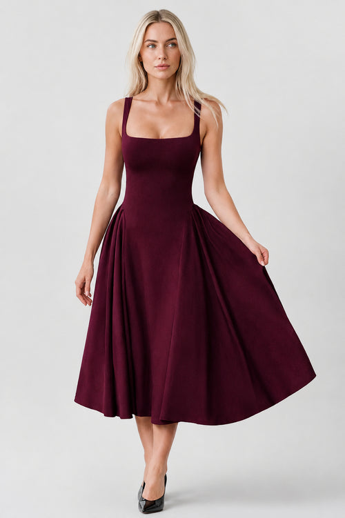 Halle Crepe Square-Neck Midi Dress Cherry Lacquer