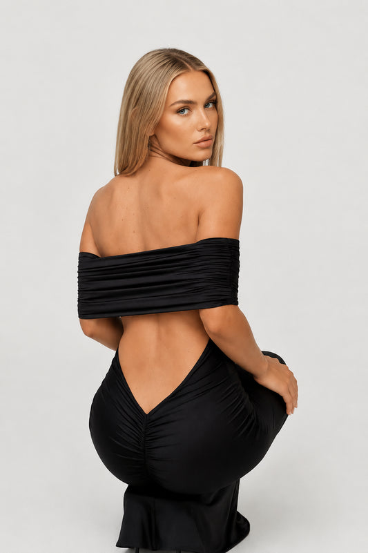Solstice Ruched Off-Shoulder Maxi Dress Black