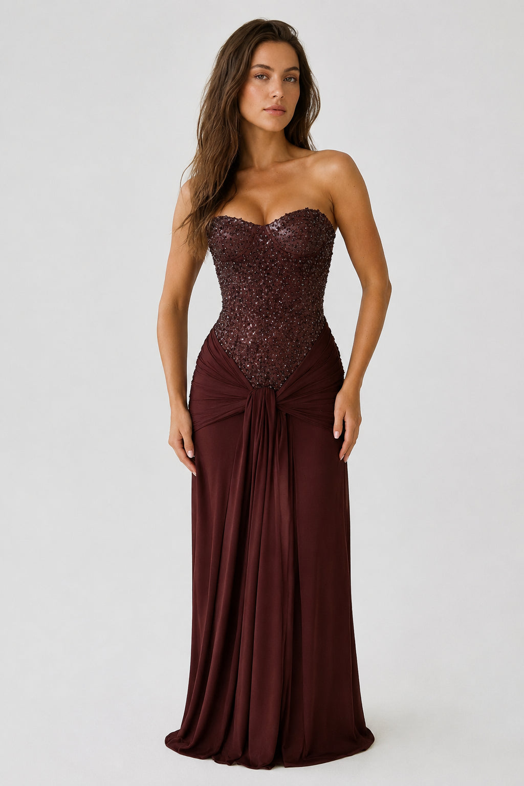 Xanthe Strapless Jersey Maxi Dress Plum Brown