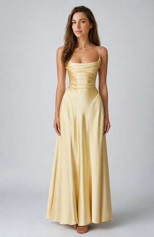 Chelsea Satin Cowl-Neck Maxi Dress Lemon
