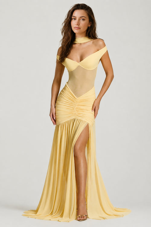 Mallorca Mesh Ruched Maxi Dress Lemon