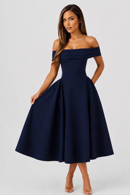Daydream Off-Shoulder Crepe Midi Dress Navy