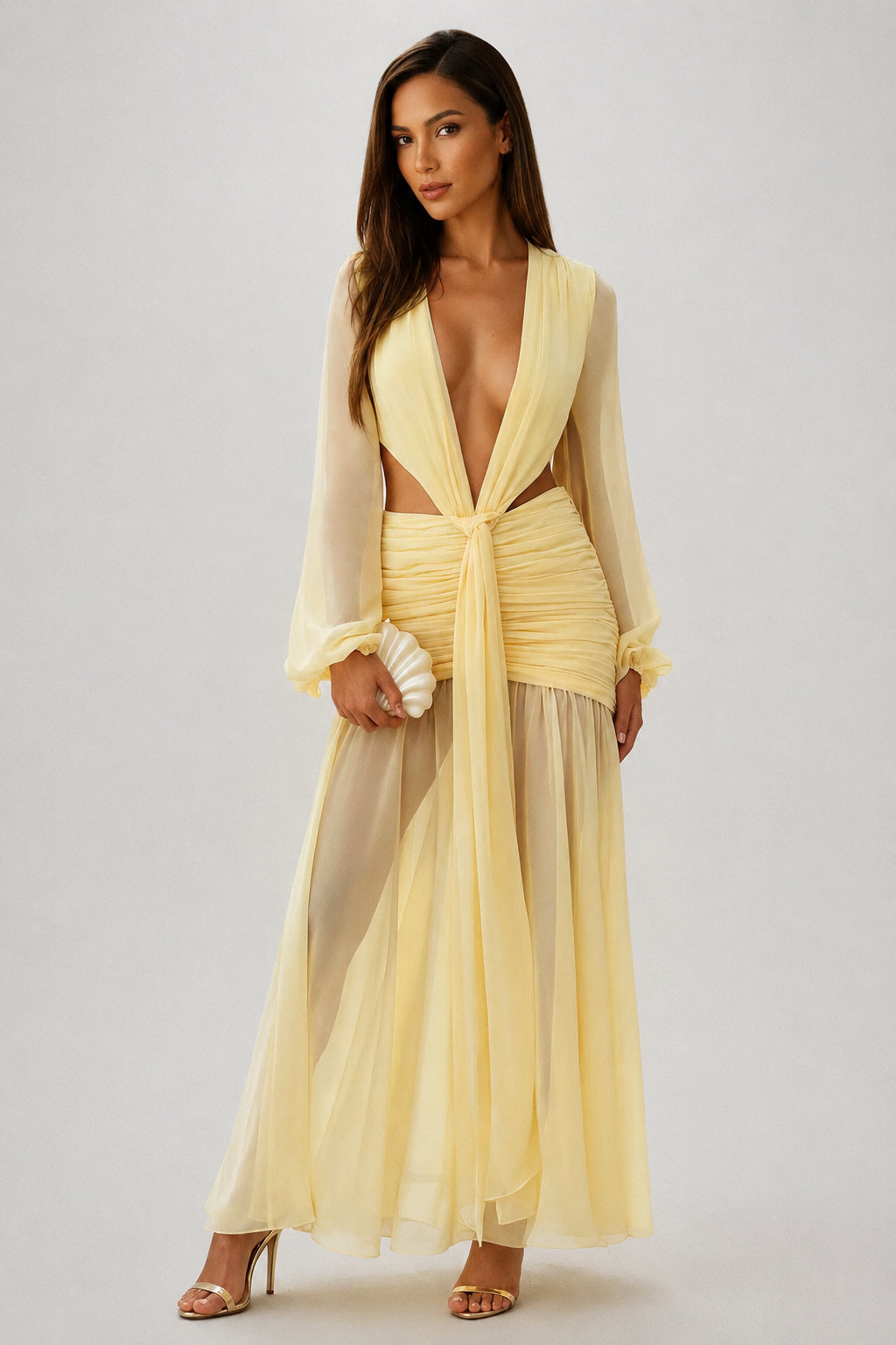 Daydream Plunge-Neckline Ruched Maxi Dress Lemon