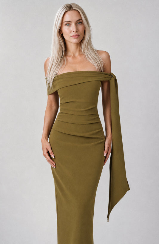 Wildflower Off-Shoulder Crepe Maxi Dress Deep Olive