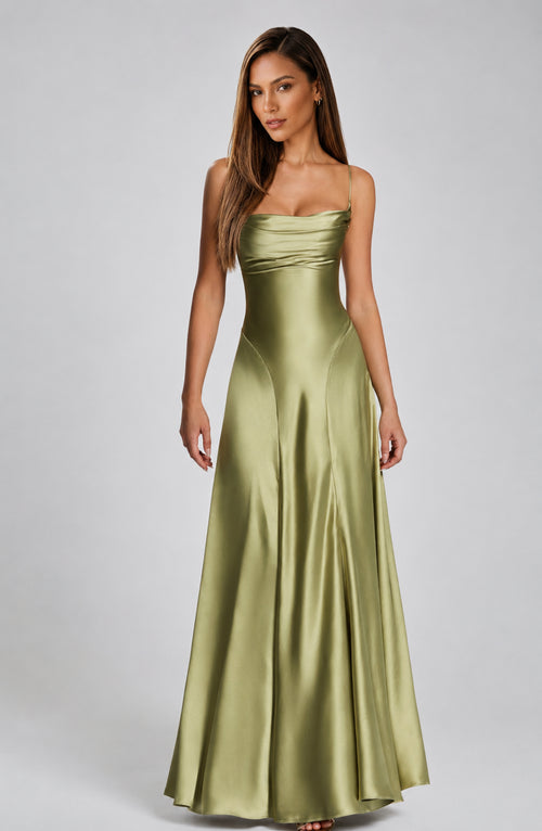 Chelsea Satin Flare Maxi Dress Light Olive