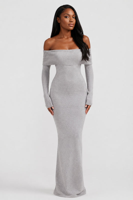 Vivienne Knit Off-Shoulder Maxi Dress Grey
