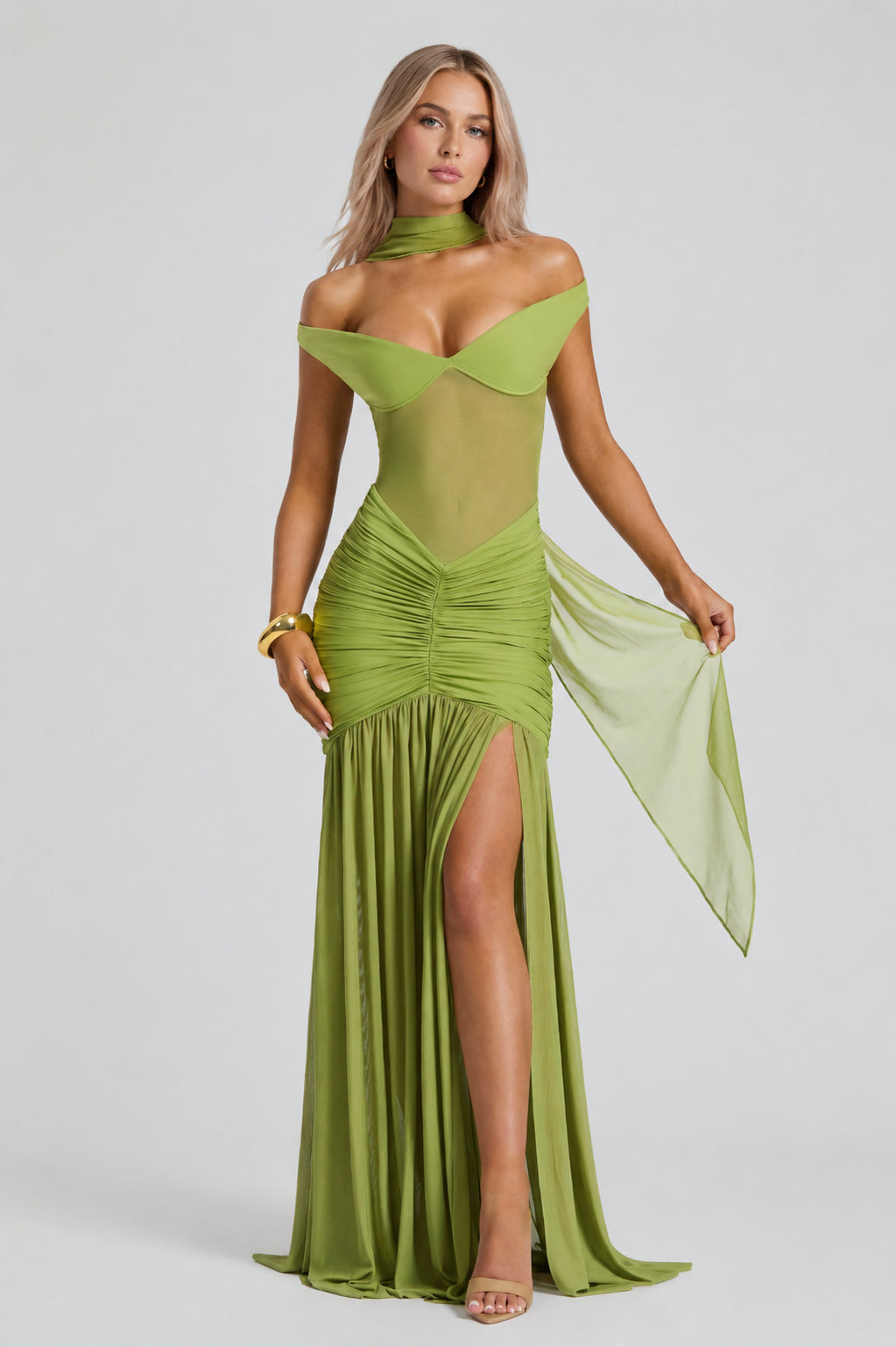 Mallorca Mesh Off-Shoulder Maxi Dress Olive