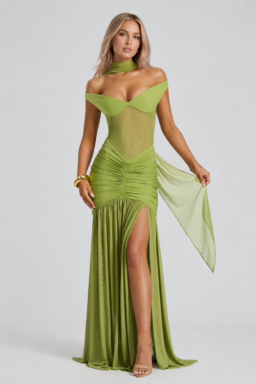 Mallorca Mesh Off-Shoulder Maxi Dress Olive