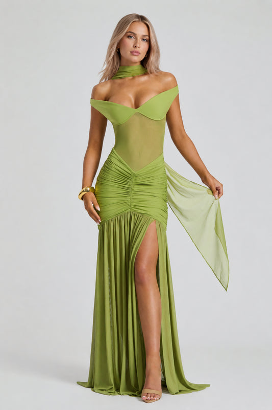 Mallorca Mesh Off-Shoulder Maxi Dress Olive