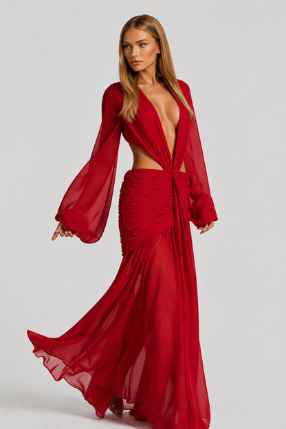 Daydream Plunge-Neckline Ruched Maxi Dress Red