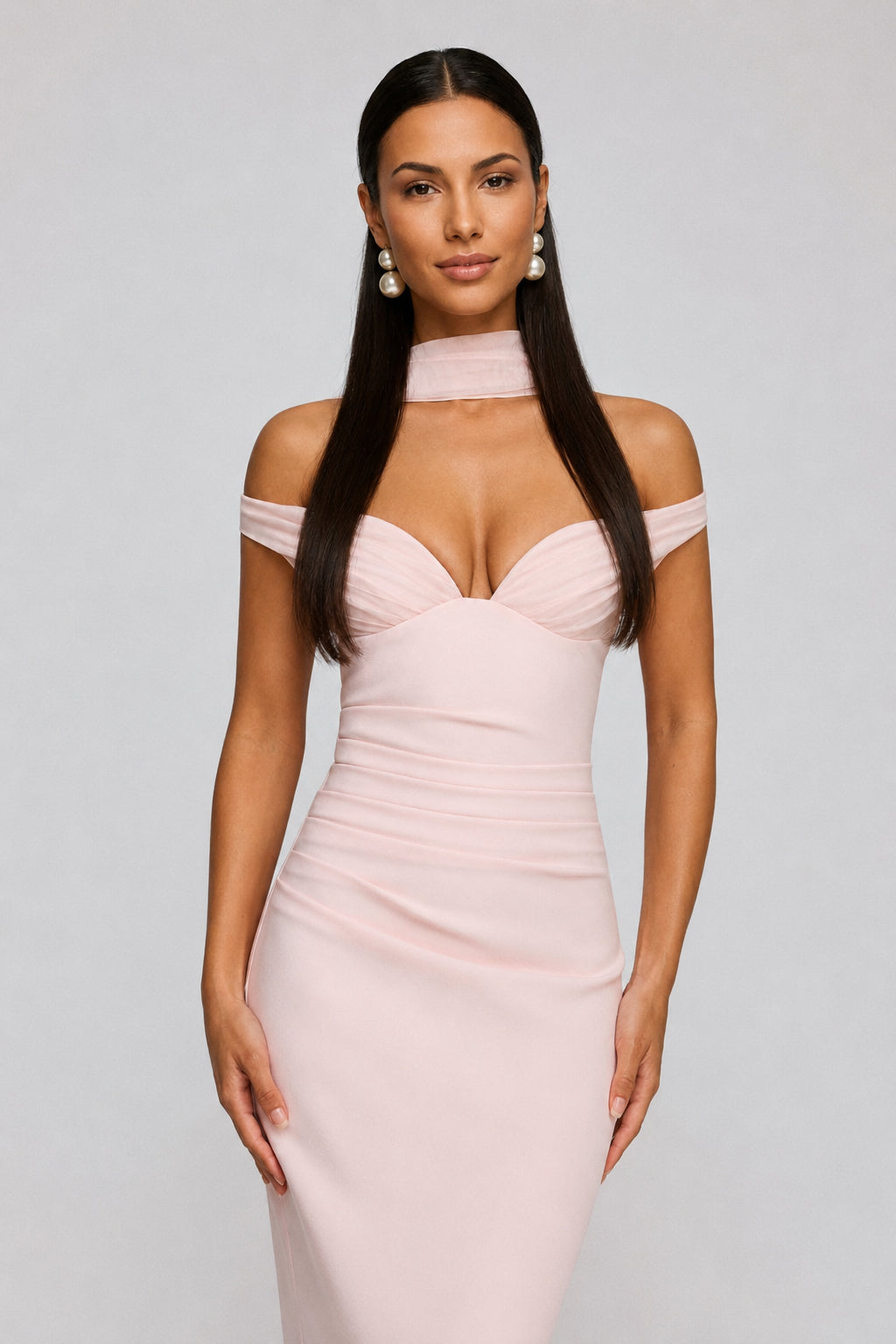 Seabreeze Plunge-Neckline Crepe Maxi Dress Blush