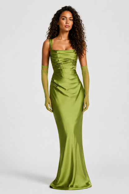 Daydream Satin Square-Neck Maxi Dress Olive