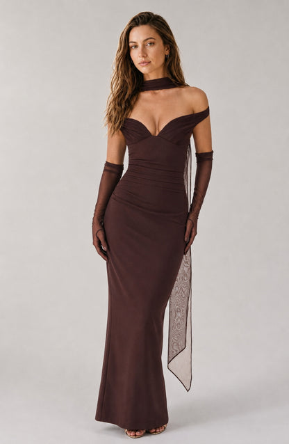 Seabreeze Plunge-Neckline Crepe Maxi Dress Plum Brown