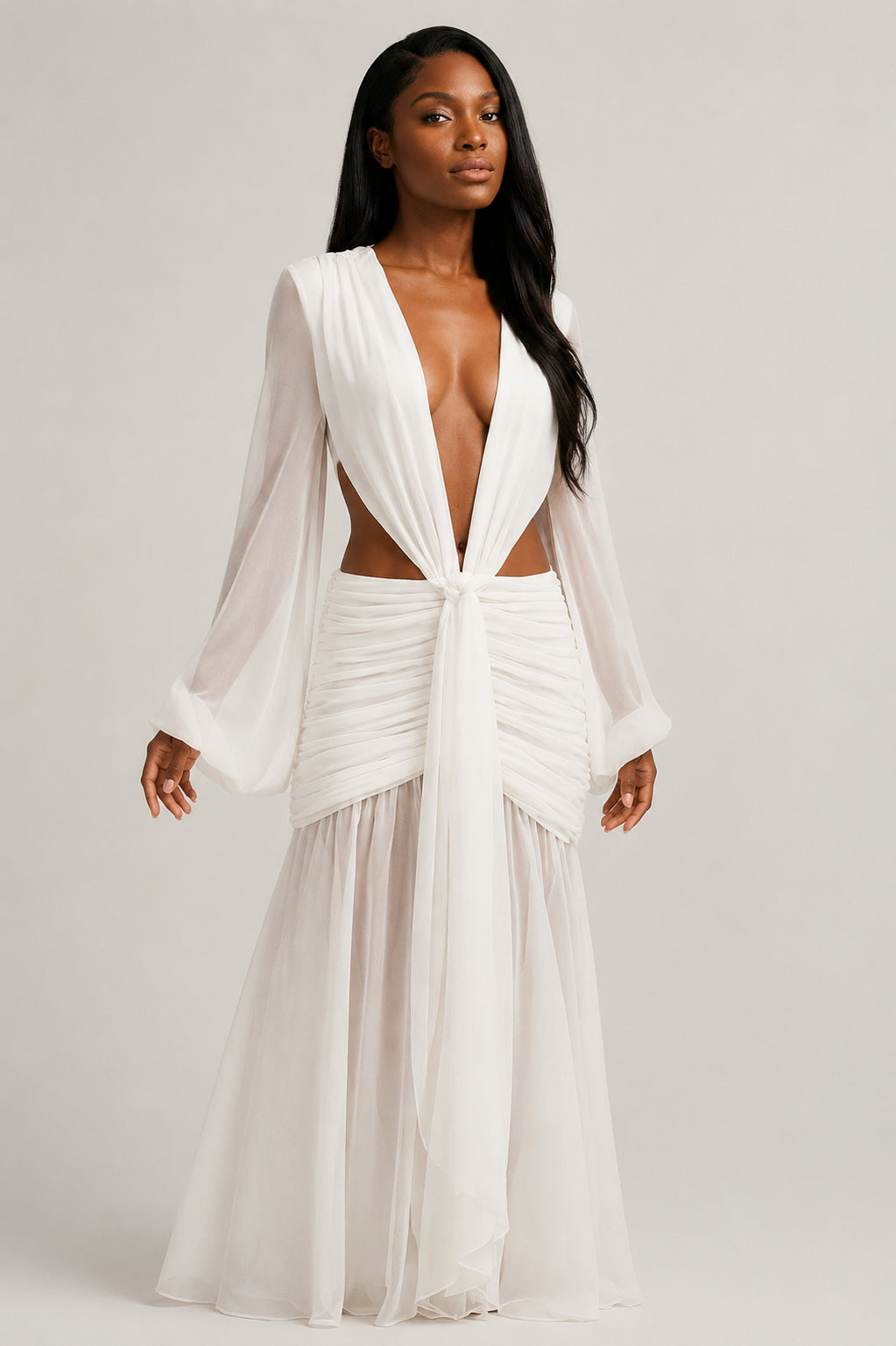 Daydream Plunge-Neckline Ruched Maxi Dress Ivory