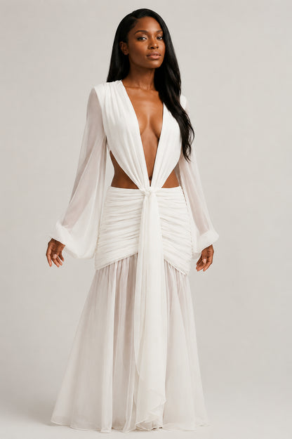 Daydream Plunge-Neckline Ruched Maxi Dress Ivory