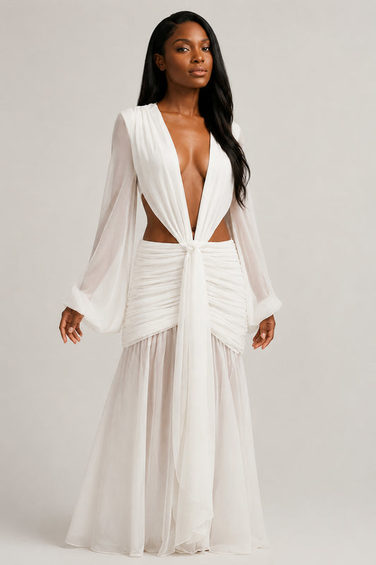 Daydream Plunge-Neckline Ruched Maxi Dress Ivory