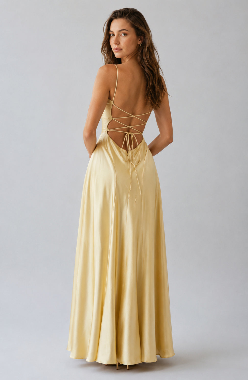 Chelsea Satin Cowl-Neck Maxi Dress Lemon