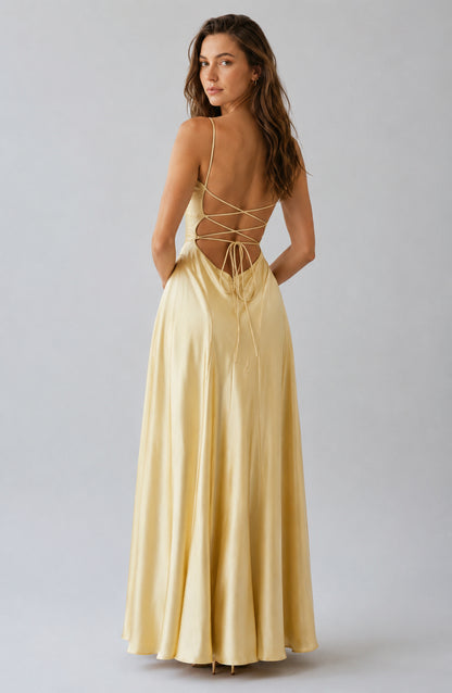 Chelsea Satin Cowl-Neck Maxi Dress Lemon