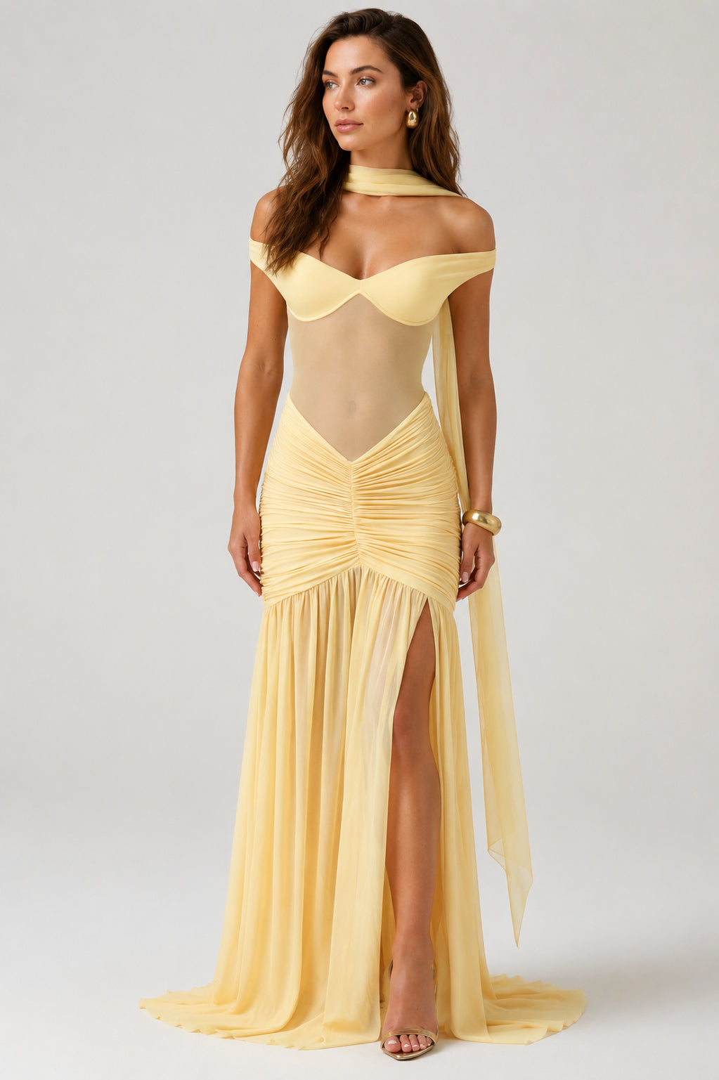 Mallorca Mesh Ruched Maxi Dress Lemon
