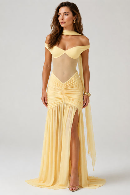 Mallorca Mesh Ruched Maxi Dress Lemon
