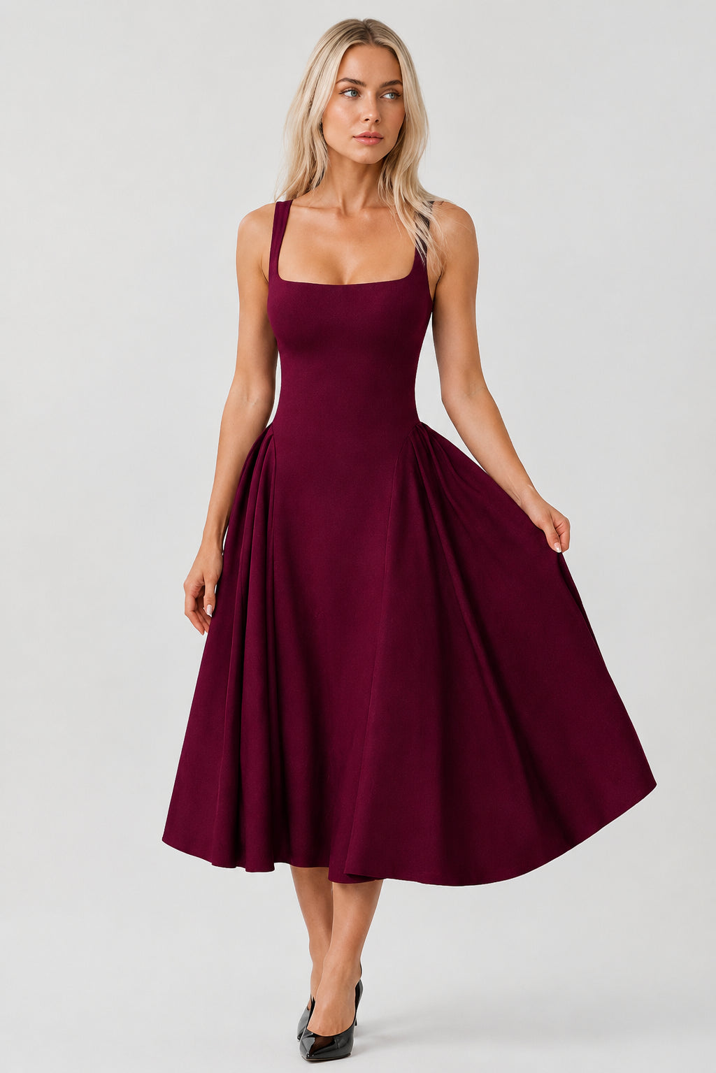 Halle Crepe Square-Neck Midi Dress Cherry Lacquer
