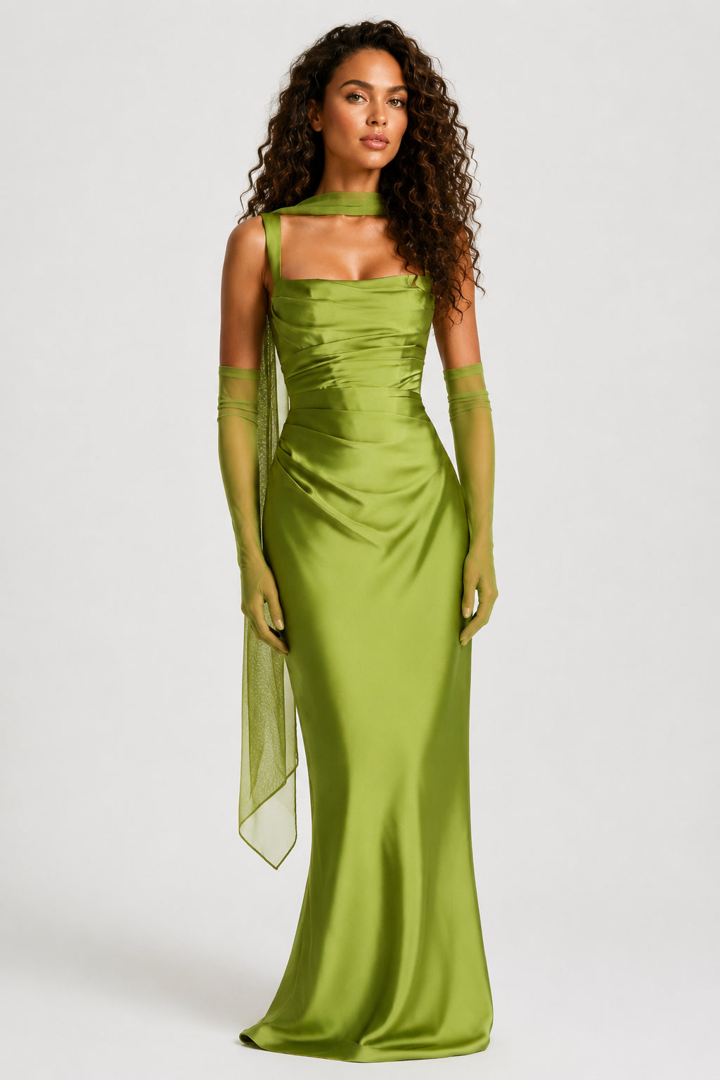 Daydream Satin Square-Neck Maxi Dress Olive