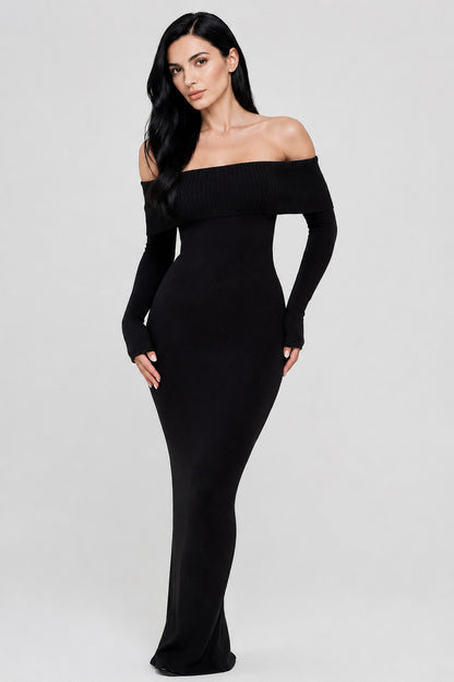 Vivienne Knit Off-Shoulder Maxi Dress Black