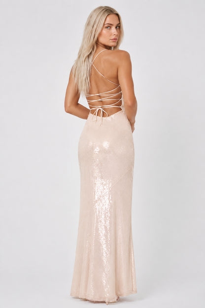 Talia Backless Sequin Maxi Dress Nude