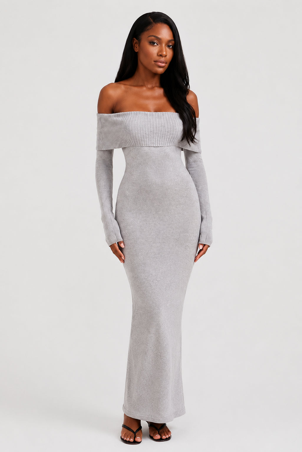 Vivienne Knit Off-Shoulder Maxi Dress Grey