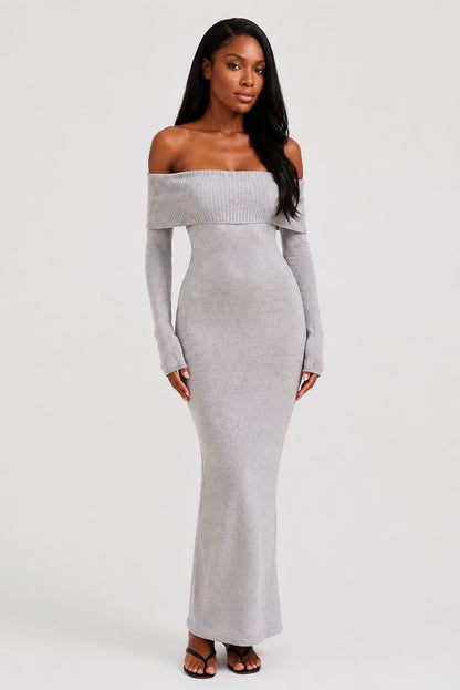 Vivienne Knit Off-Shoulder Maxi Dress Grey