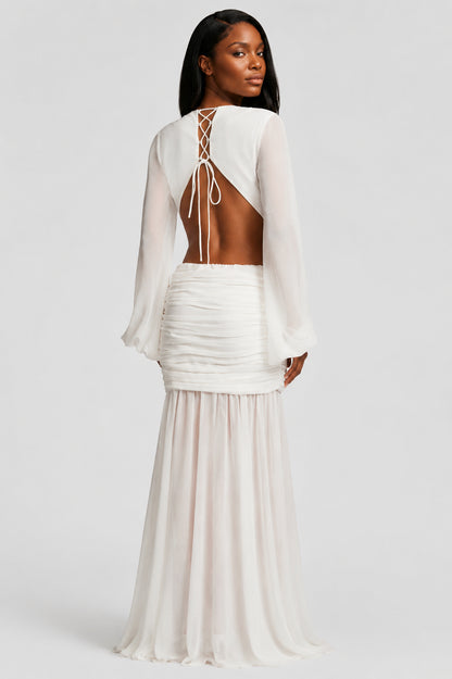 Daydream Plunge-Neckline Ruched Maxi Dress Ivory