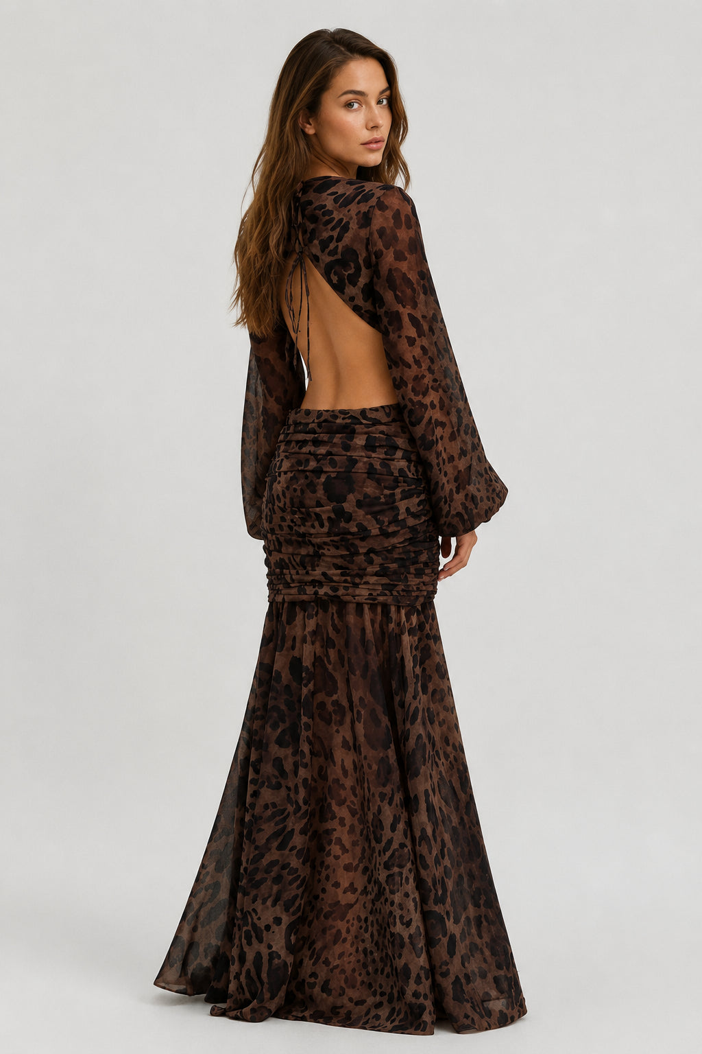 Daydream Plunge-Neckline Ruched Maxi Dress Leopard Print