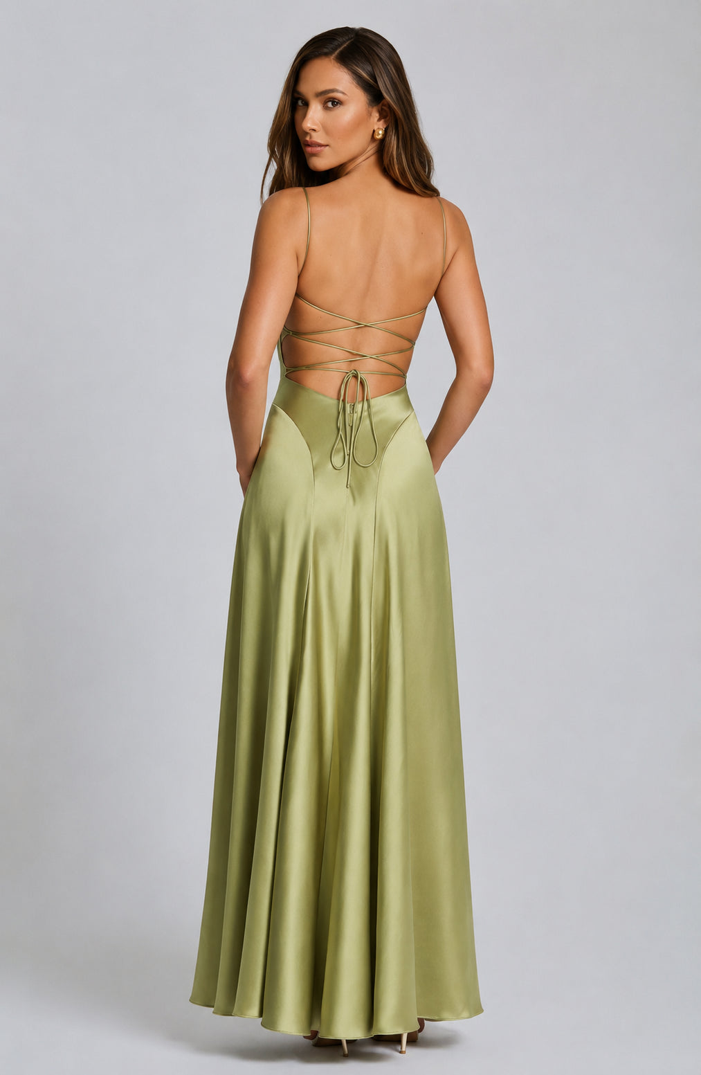 Chelsea Satin Flare Maxi Dress Light Olive