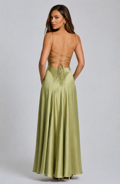 Chelsea Satin Flare Maxi Dress Light Olive