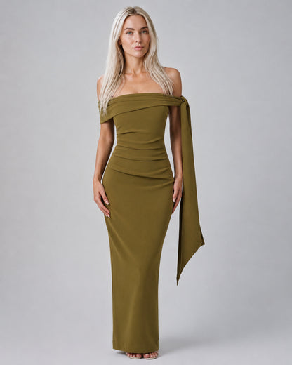 Wildflower Off-Shoulder Crepe Maxi Dress Deep Olive