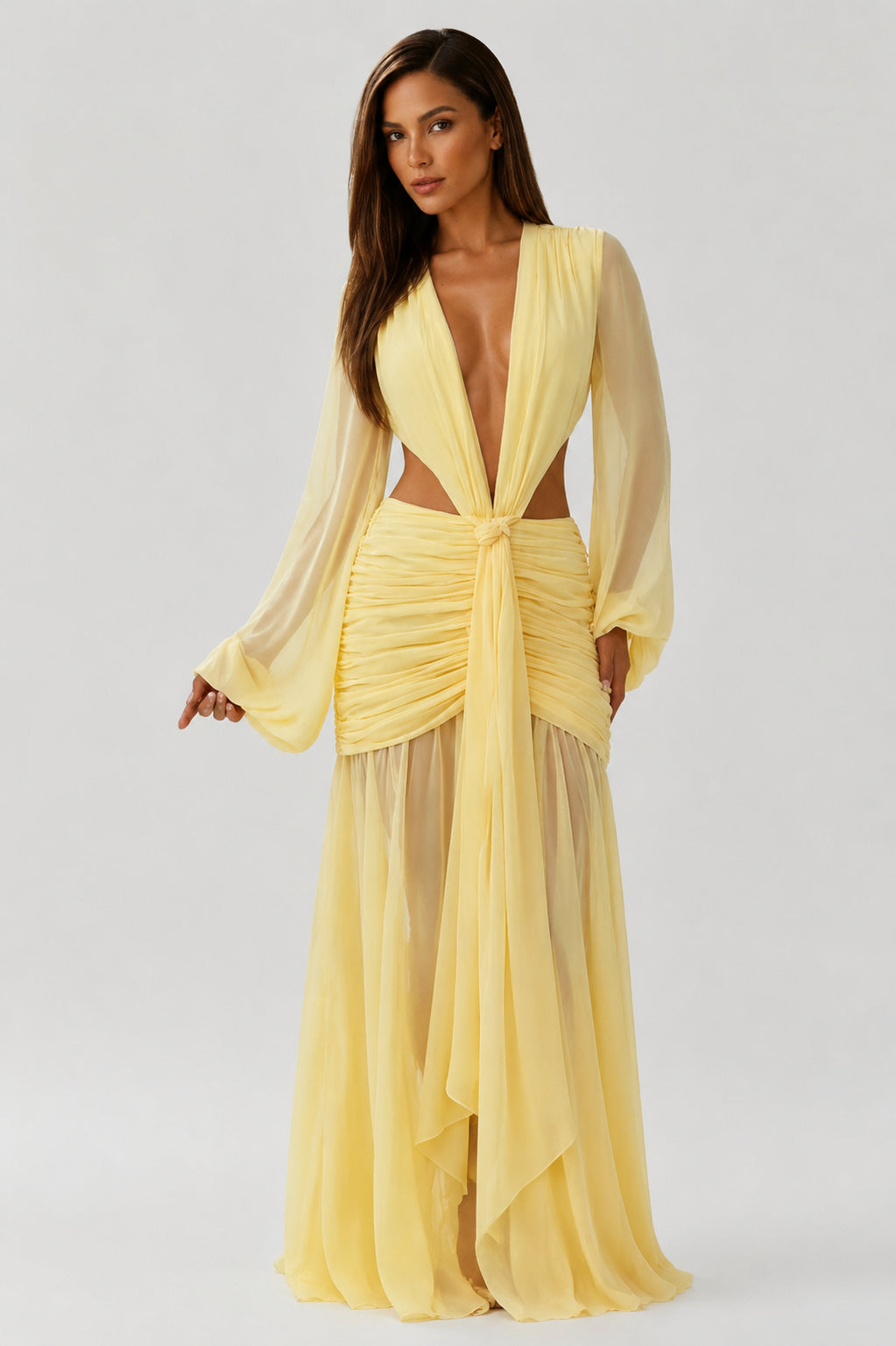 Daydream Plunge-Neckline Ruched Maxi Dress Lemon