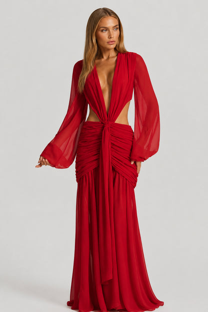 Daydream Plunge-Neckline Ruched Maxi Dress Red