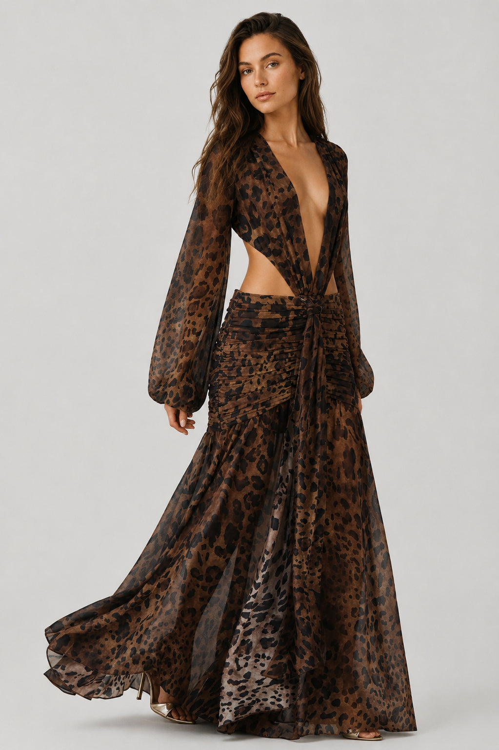 Daydream Plunge-Neckline Ruched Maxi Dress Leopard Print