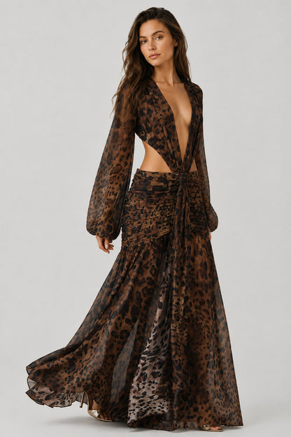 Daydream Plunge-Neckline Ruched Maxi Dress Leopard Print