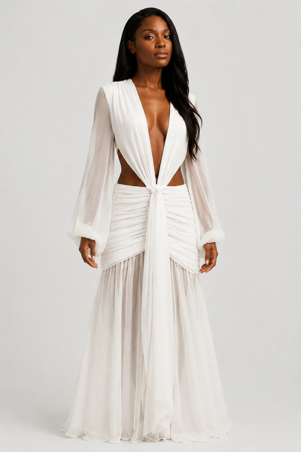 Daydream Plunge-Neckline Ruched Maxi Dress Ivory