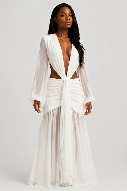 Daydream Plunge-Neckline Ruched Maxi Dress Ivory