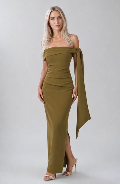 Wildflower Off-Shoulder Crepe Maxi Dress Deep Olive