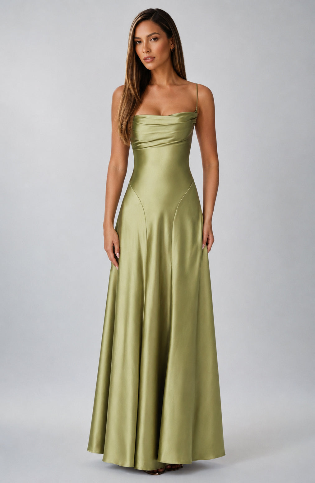 Chelsea Satin Flare Maxi Dress Light Olive