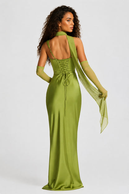Daydream Satin Square-Neck Maxi Dress Olive